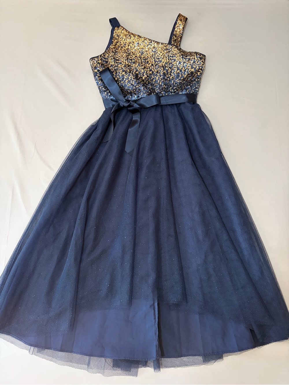 Rare Editions Navy and Gold Sequin Tulle Dress for Girls